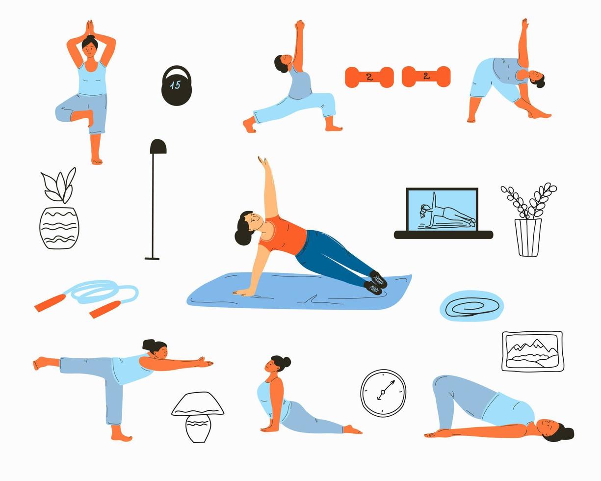 Set with girls doing yoga and sports equipment. vector