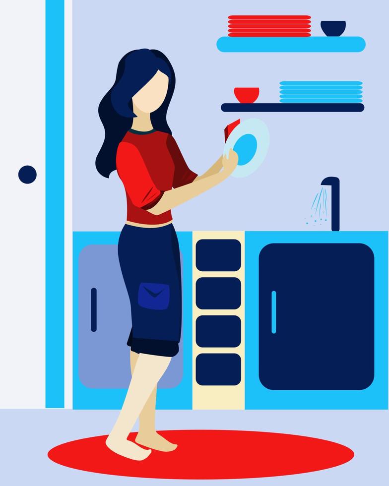 niña o mujer en la cocina lavando platos vector