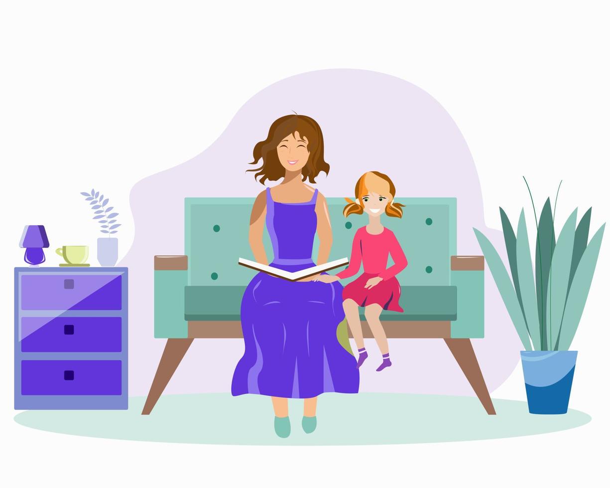 Mom reads a book to her daughter at home vector