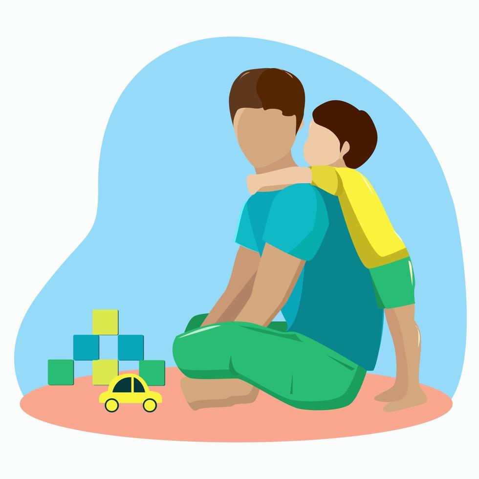 The boy hugs his dad from behind vector