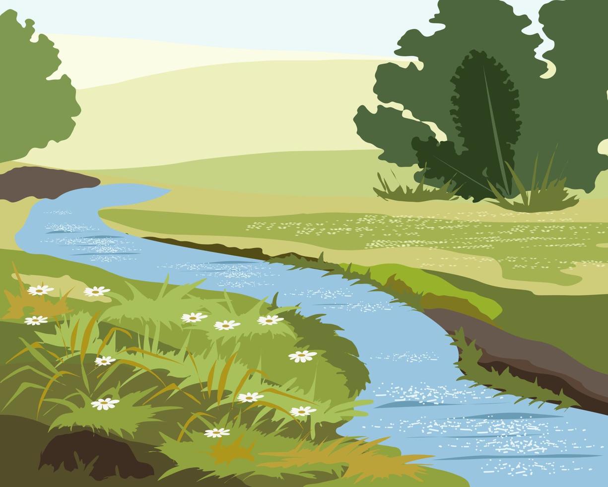 Spring stream flows among the grasses vector