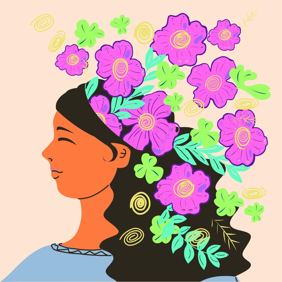 niña con flores en la cabeza como símbolo de salud psicológica. vector