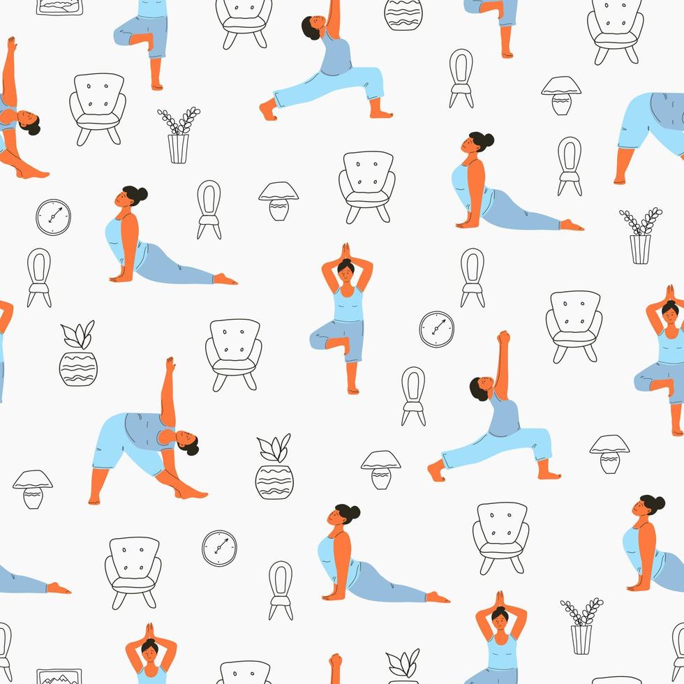 Seamless pattern with girls who do yoga. vector
