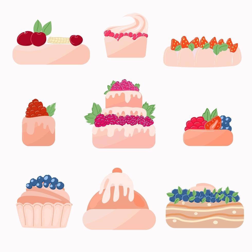 Set of cakes with different berries vector