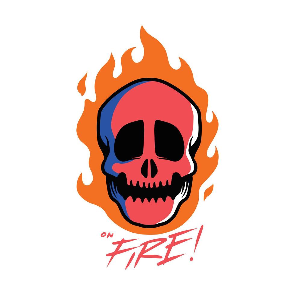 a red head skull on the blaze. a scary, dangerous, and warn vector illustration in hand-drawn style. evil illustration in cartoon.