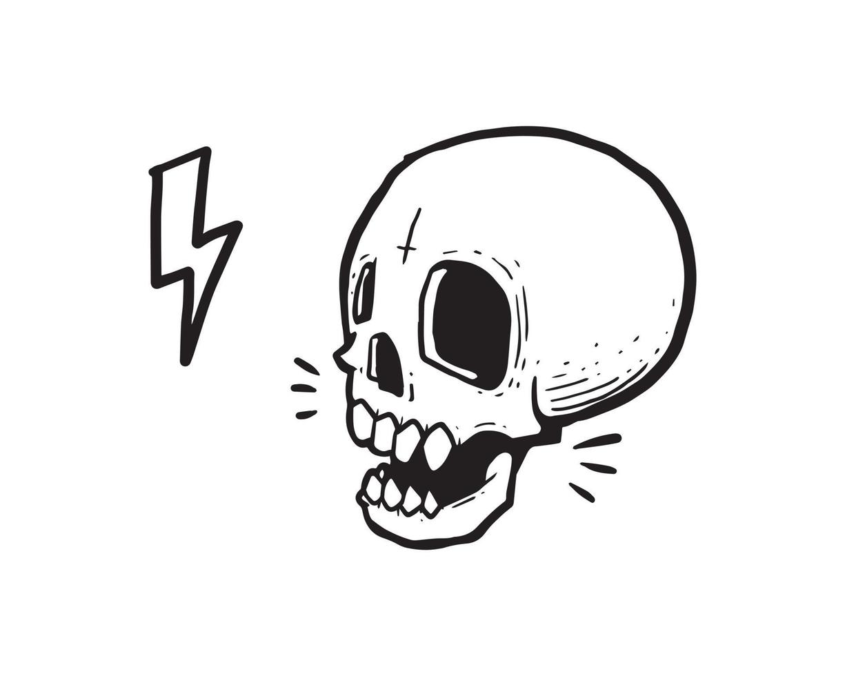a skull illustration in an outline style on a white background. a simple hand drawn of a doodle vector for graphic resources.
