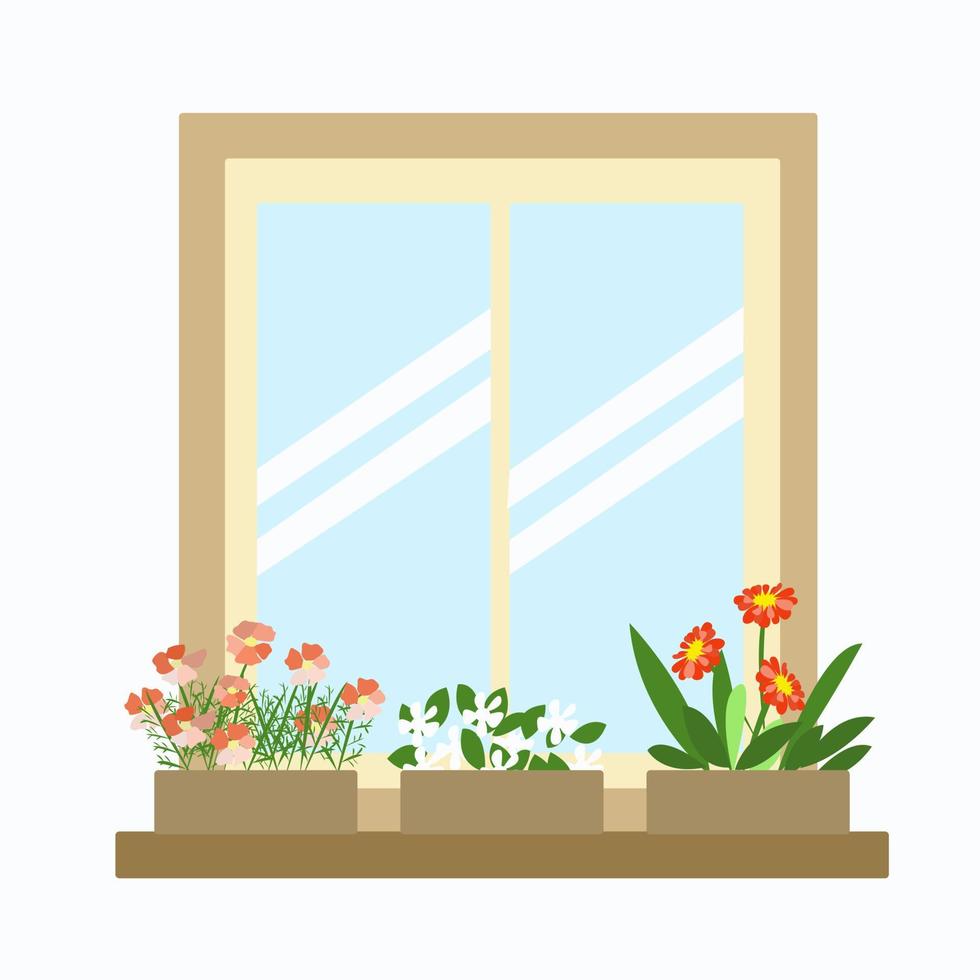 Closed window and flowers on the windowsill vector