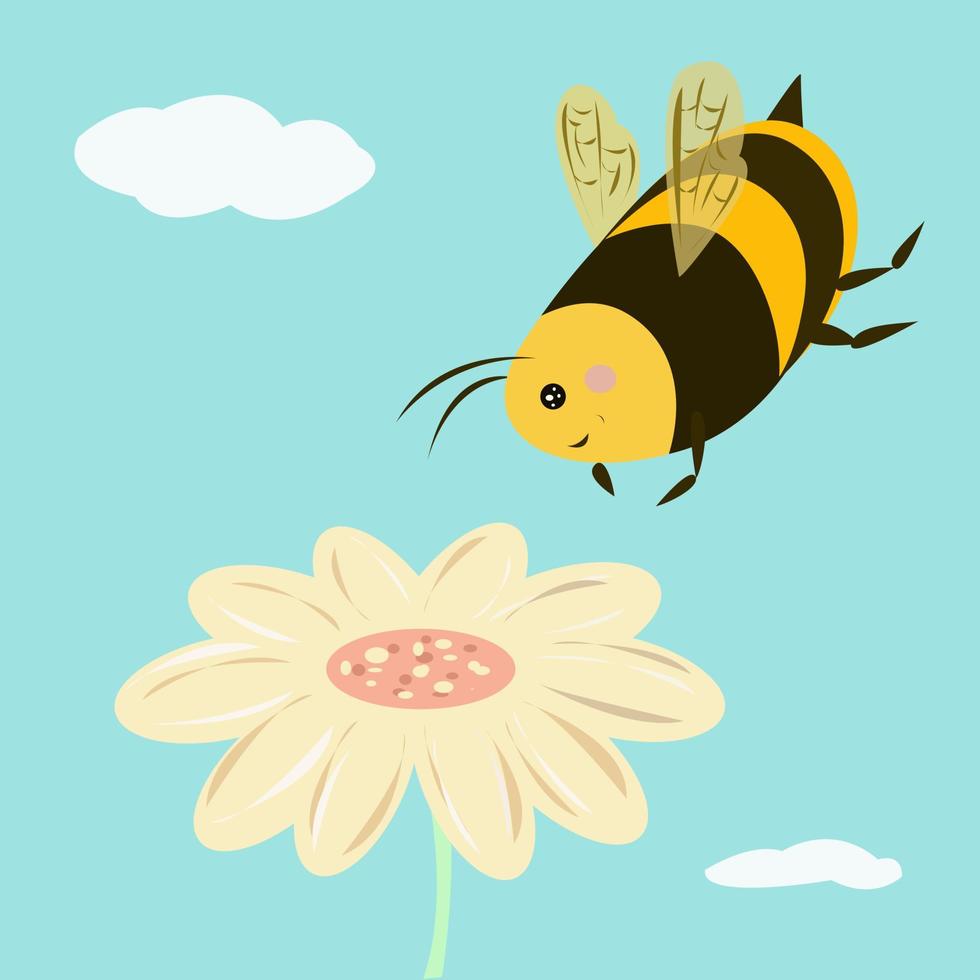 la abeja vuela hacia la margarita y sonríe vector
