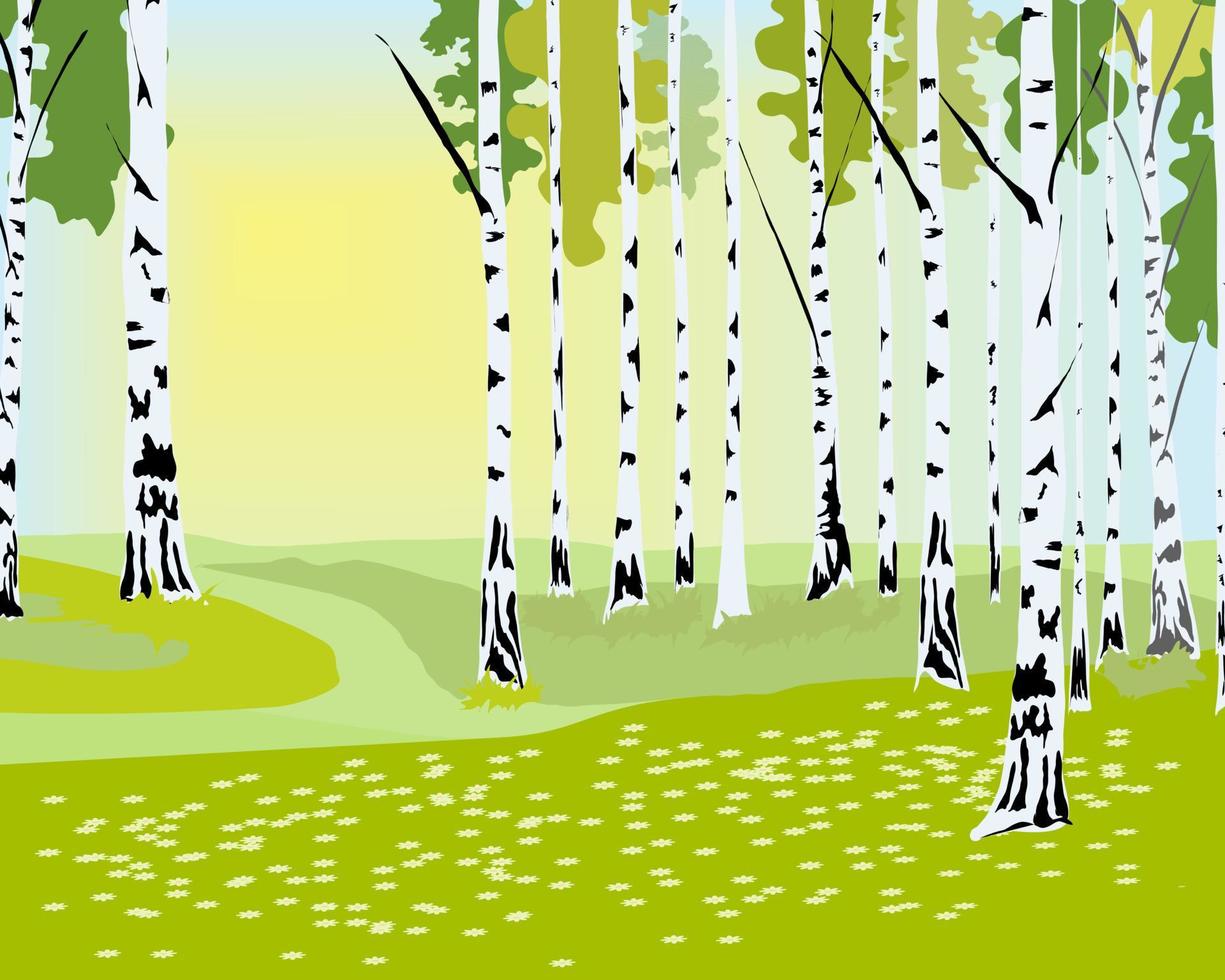 bosque de primavera y prado con flores vector