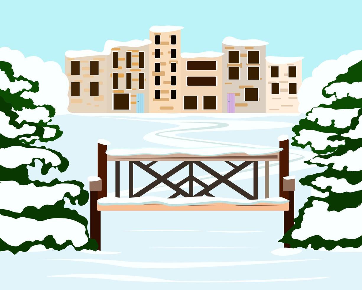 paisaje invernal del parque de la ciudad y un banco. vector