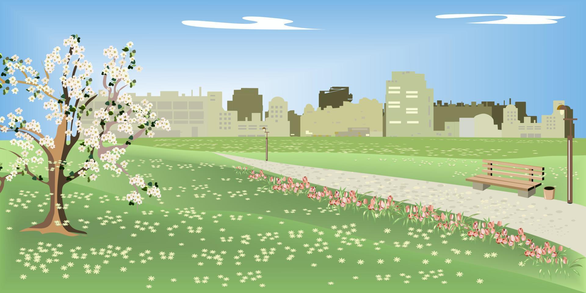 primavera en una gran ciudad en un parque vector