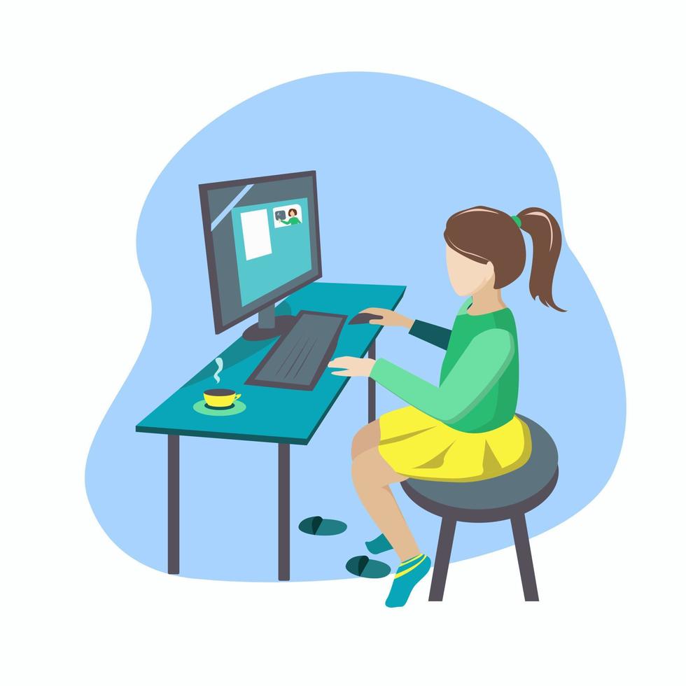 A girl learns remotely at home from a computer vector