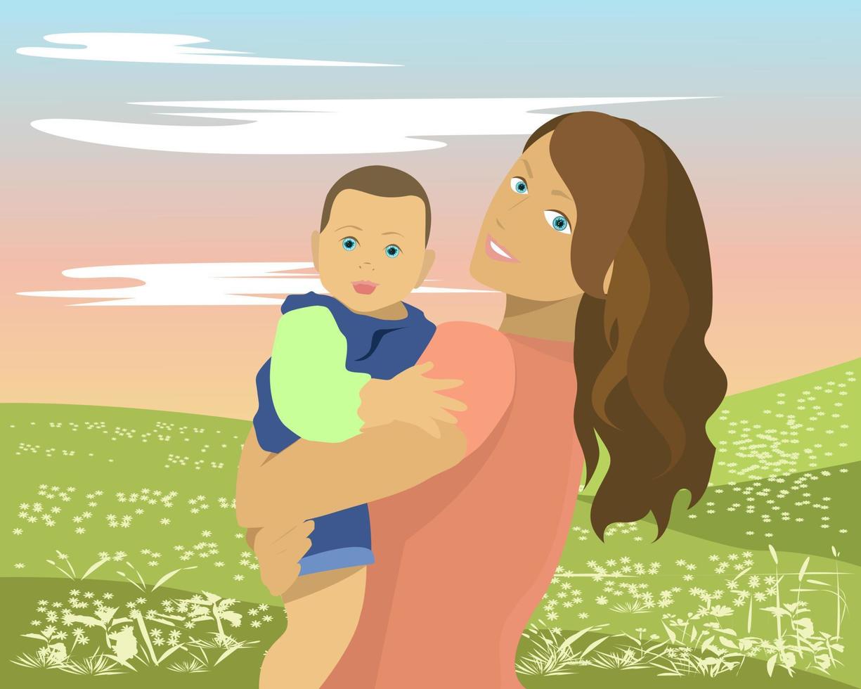 linda mamá y bebé en un prado de verano. vector