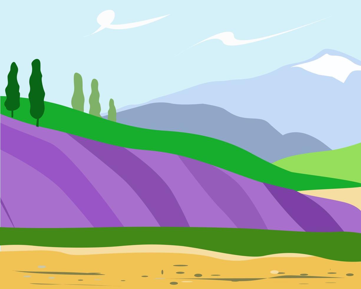 paisaje con campos de lavanda y montañas vector