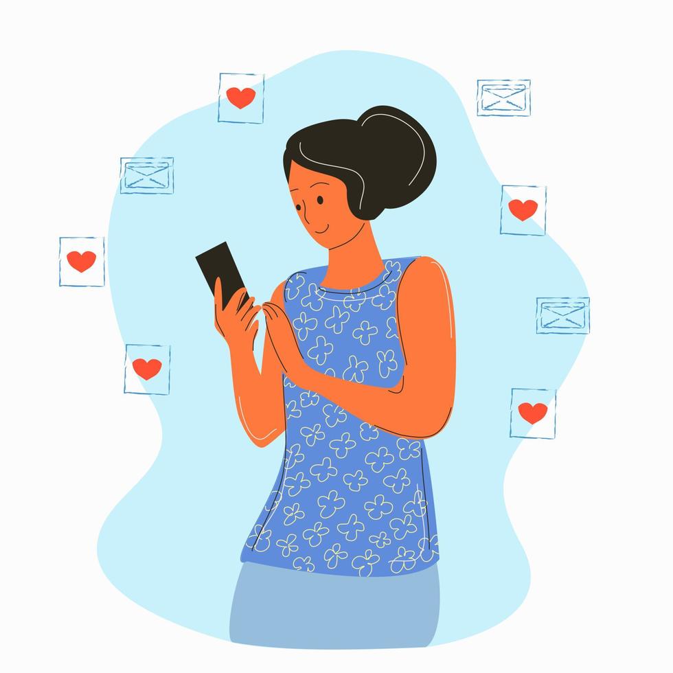 una mujer mira en un teléfono inteligente y escribe mensajes. vector