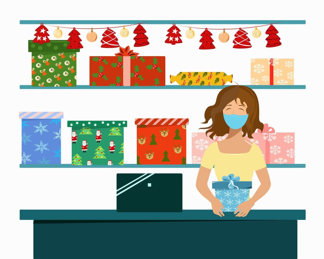 Seller in a gift box or packaging store vector