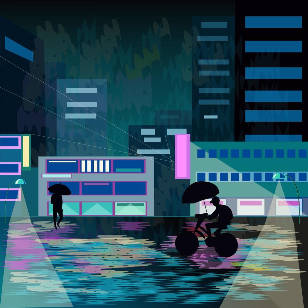 City street at night with lights on and shop Windows. vector
