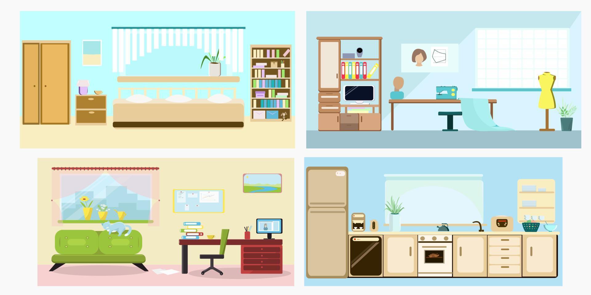Interiors of the bedroom and children's room and kitchen and study vector