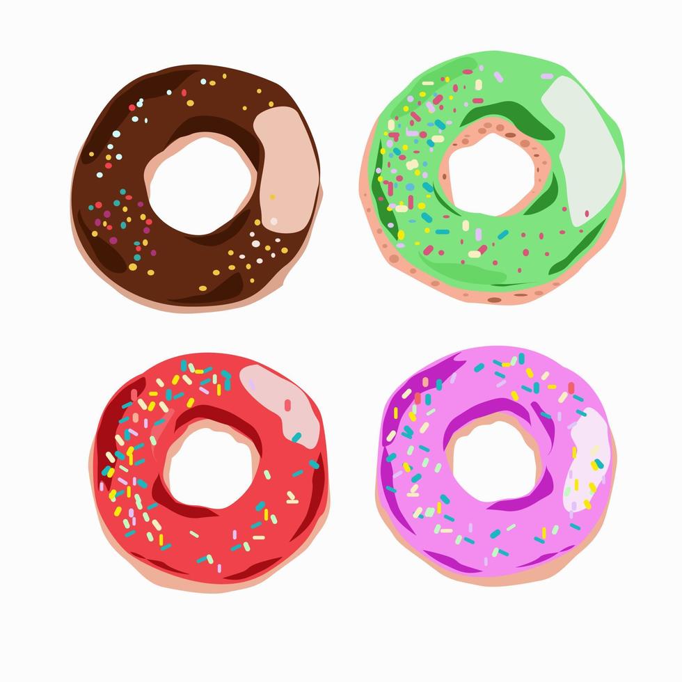 Juego de donas con glaseado de colores sobre un fondo blanco. vector