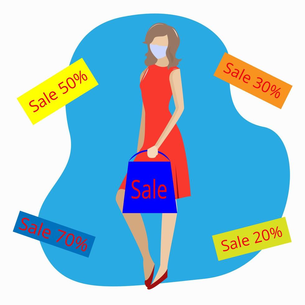 A girl in a mask with a package labeled discounts vector