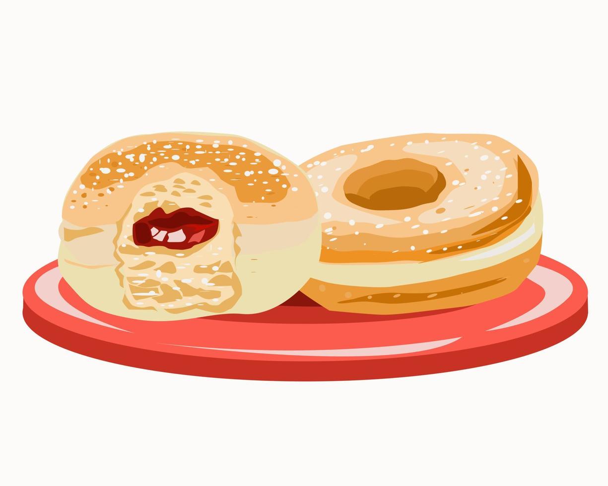 Two doughnuts with filling on a plate vector