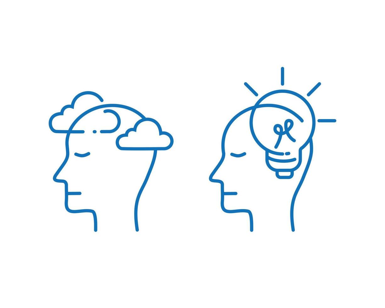 conjunto de iconos de la mente humana en estilo de contorno delgado. una mente y un pensamiento claros. el diseño de atributos de psicología de la salud mental. Ilustración de vector logo simple y moderno.