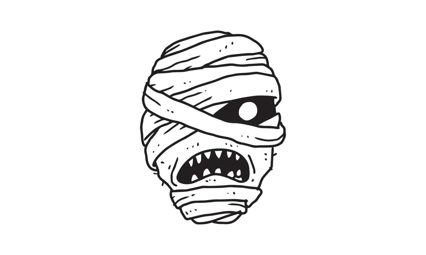 scary angry mummy head isolated on white background. outlined cartoon drawing of creepy, gothic, death icon for tattoo, poster, halloween theme, etc. vector