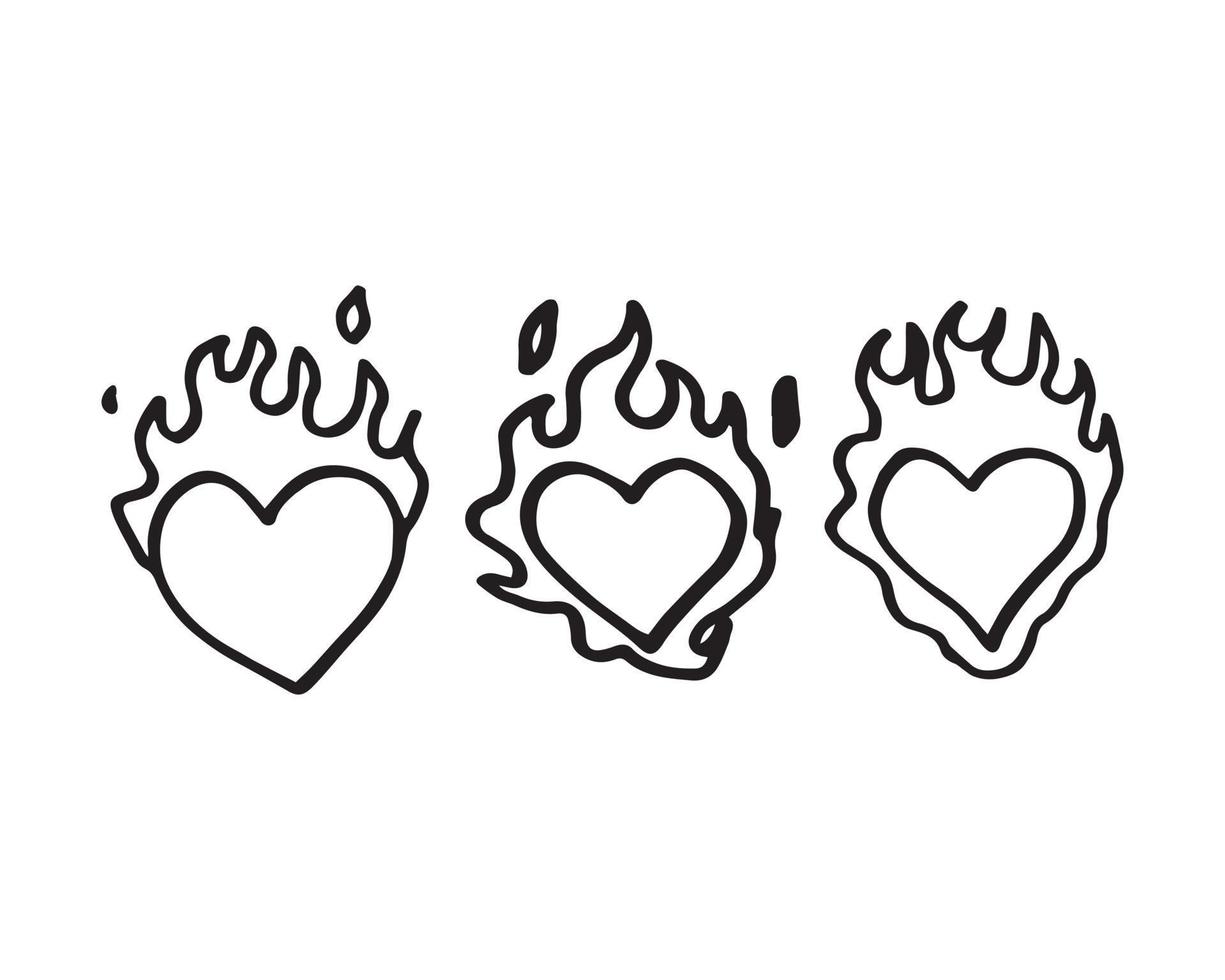 conjunto de corazones en una ilustración de marco de llama. Ilustración de doodle de un corazón quemado en tres tipos. gráfico de vector dibujado a mano creativo.