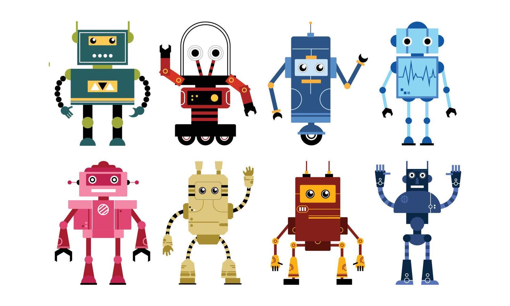 set of vector illustrations of colorful robots. drawing robots on white background in various types. collection of futuristic element design.
