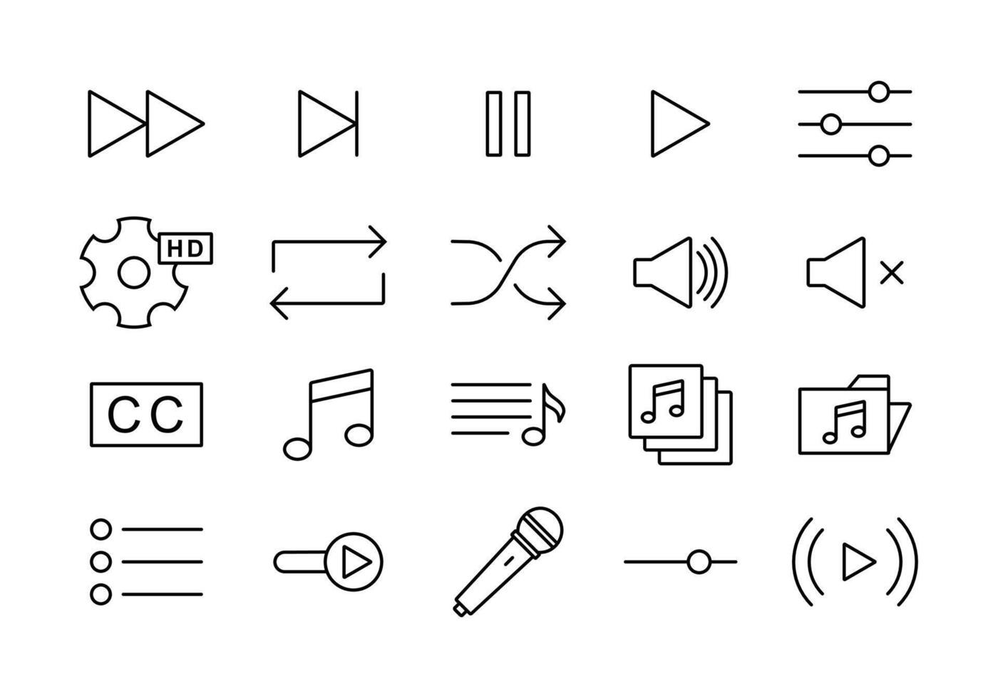 la colección de iconos de línea de trazo editable del reproductor multimedia. ui ux elemento o diseño de la aplicación para el botón del reproductor de música o video. vector