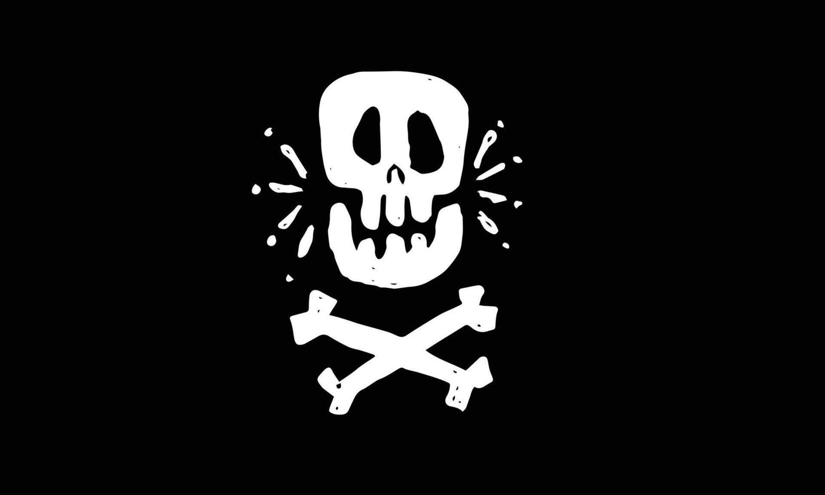 Cráneo animado y huesos cruzados en estilo de ilustración de dibujos animados. Doodle dibujo vector de diseño de logotipo pirata. representando muerte, advertencia, gótico, monstruo, peligro, etc.