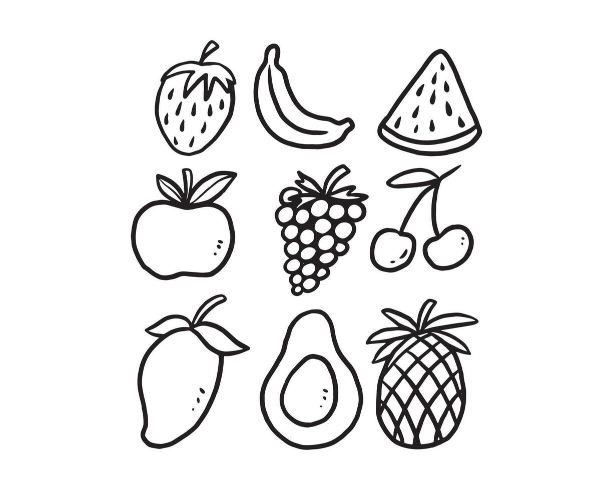 Ilustración de frutas tropicales sin color. bosquejo de fruta aislado en blanco. fresa, plátano, una rodaja de sandía, manzana, uva, cereza, mango, aguacate y piña. vector