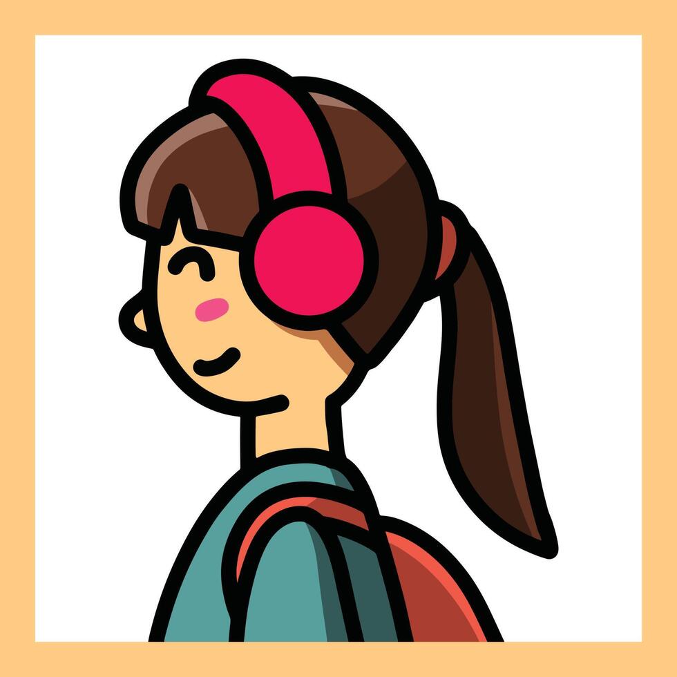 una niña sonriente desde la vista lateral escuchando algo a través de sus auriculares. una niña con cabello de cola de caballo y flequillo lleva una mochila a la espalda. Ilustración de vector de niño en el marco.