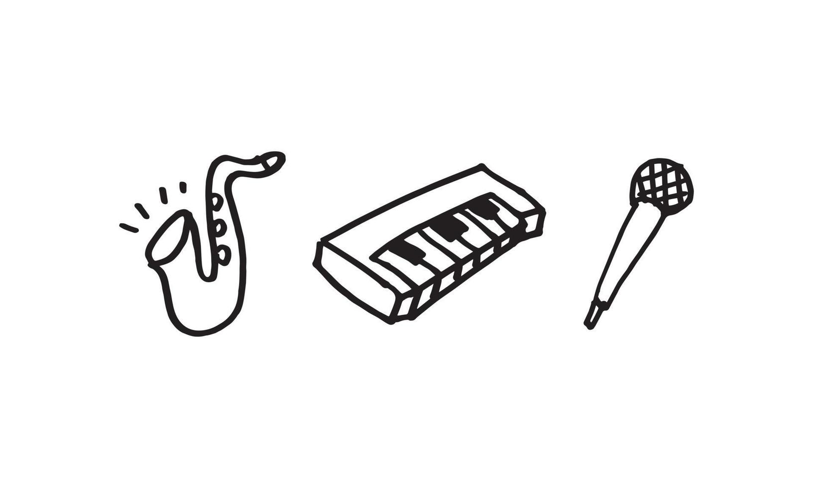 una ilustración dibujada a mano de instrumentos y equipos musicales. saxofón, teclado y micrófono. Ilustración de icono de doodle simple en vector para decorar cualquier diseño.