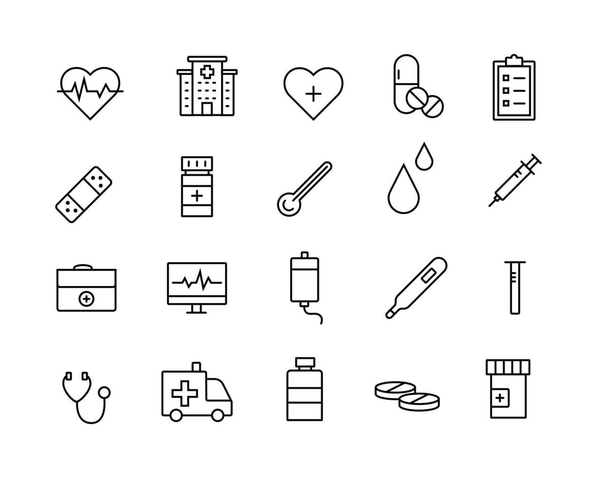 the editable stroke line icons collection related to medical stuff. a bag, heartbeat, stethoscope, ambulance, emergency sign, etc that is suitable to be used as ui ux element design. vector