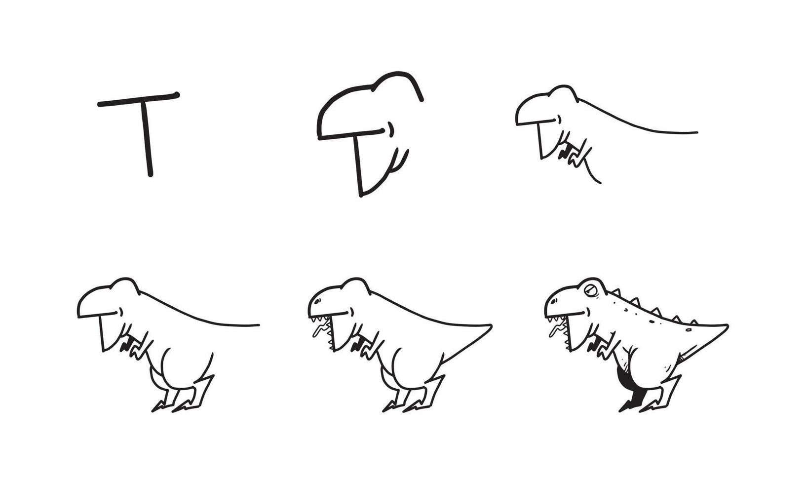 how to draw a cute t rex from T step by step. easy and fun activity for kids development and creativity. tutorial of drawing animal and object from alphabet series in vector illustration.