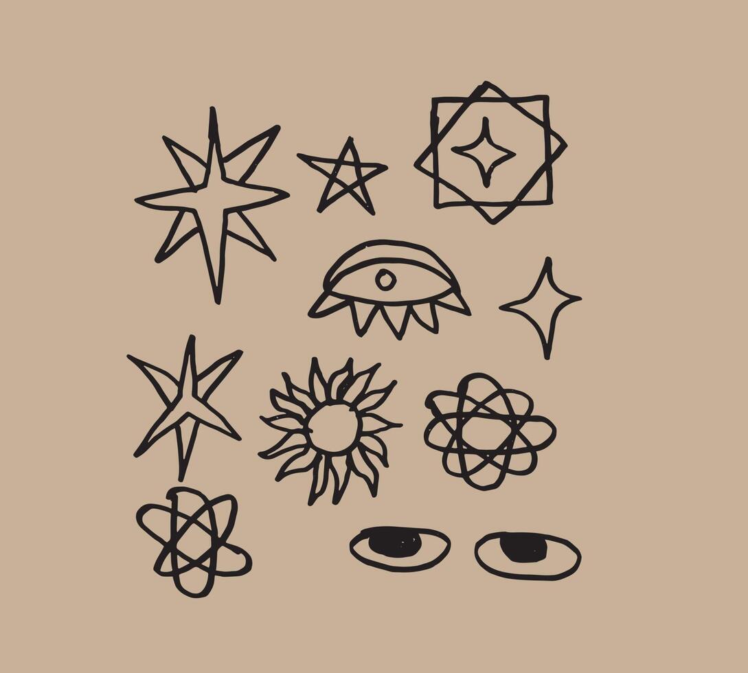 la ilustración bohemia del conjunto de colección de estrellas. dibujo a lápiz dibujado a mano en estilo simple y minimalista. vector