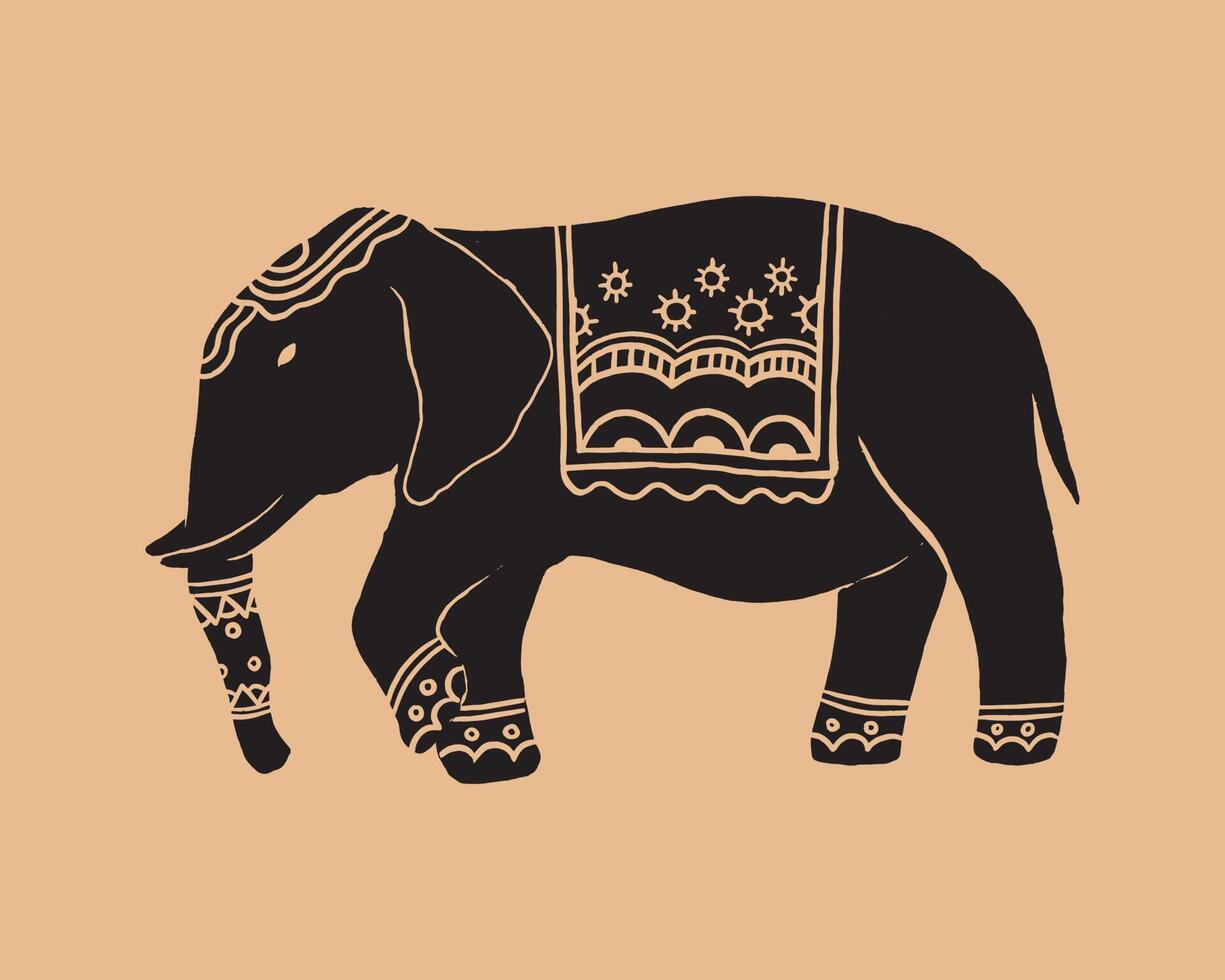 the abstract object in contemporary Scandinavian styles. silhouette ink vector illustrations of an elephant that has some ornament pattern on the back.