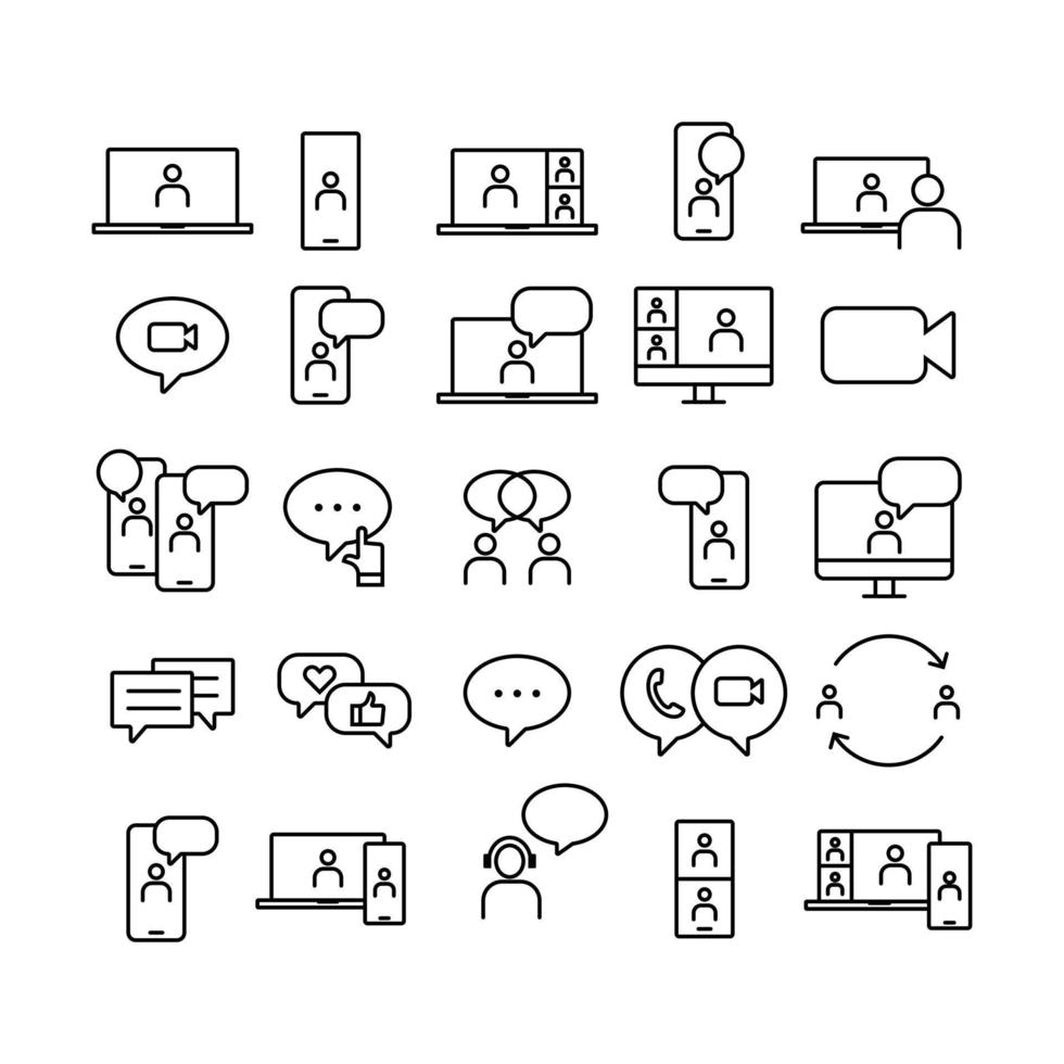 set of video conference icons isolated on white. simple editable stroke line illustration of icons that is needed in work from home business era. vector