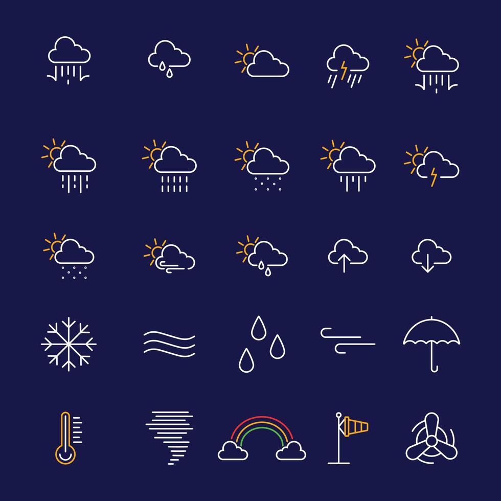 Ilustración de varios iconos meteorológicos para la presentación del pronóstico del tiempo. colección de iconos planos simples para el sitio web o la interfaz de la aplicación completada con iconos adicionales como humedad, temperatura, etc. vector