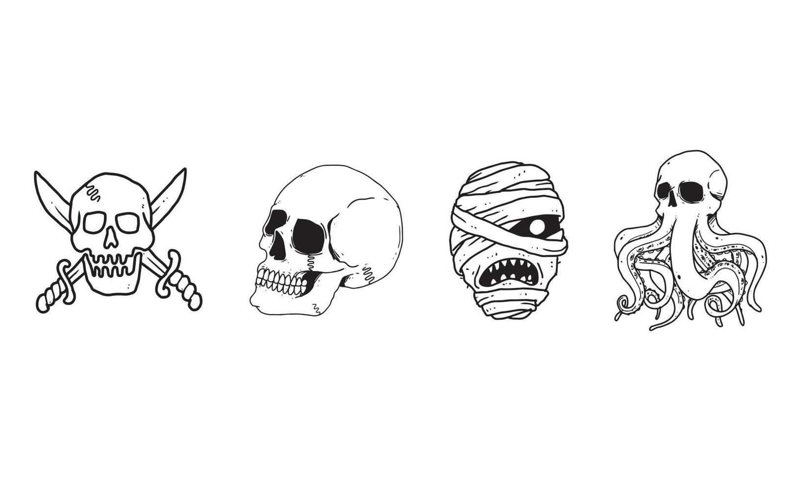 cráneo, logotipo pirata, cabeza de momia y conjunto de kraken aislado sobre fondo blanco. dibujo de dibujos animados contorneado de espeluznante, gótico, icono de muerte para tatuaje, póster, tema de halloween, etc. vector