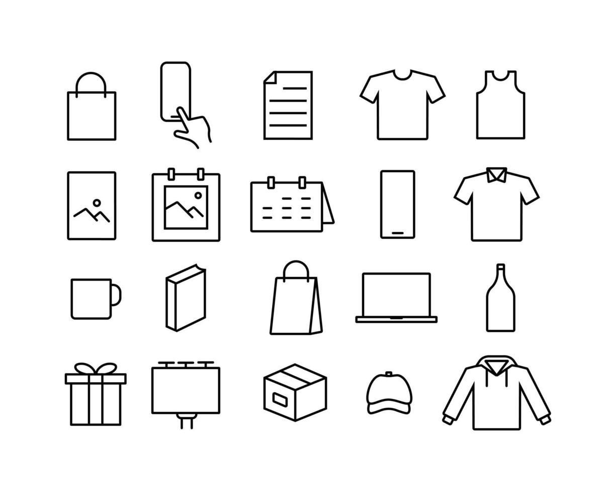 the editable stroke line icons collection related to merchandise stuff. a bag, cloth, bottle, catalog, etc that is suitable to be used as ui ux element design. vector