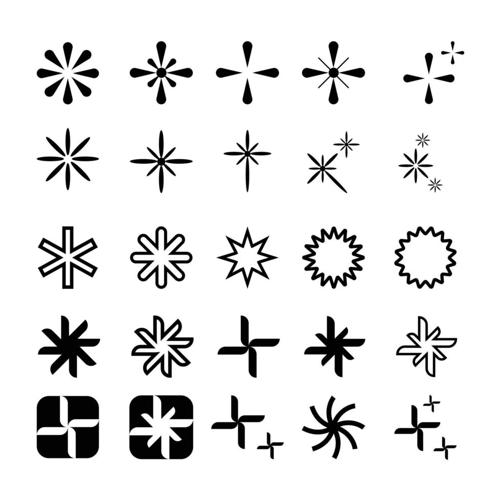conjunto de colección de iconos de estrellas en varios estilos. Varias formas de estrellas que son adecuadas para elementos como copos de nieve, artículos brillantes, decoración, etc. vector