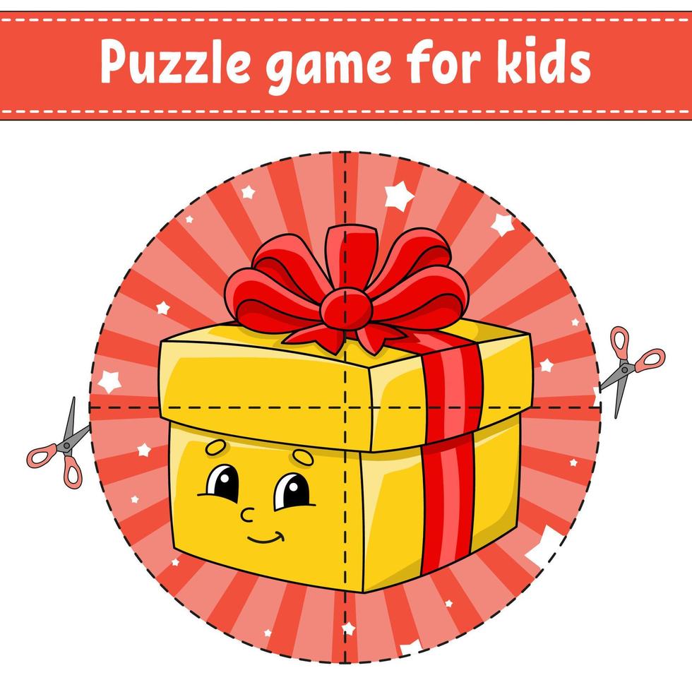Cut and play. Round puzzle gift box. Logic puzzle for kids. Activity page. Cutting practice for preschool. cartoon character. Christmas theme. vector
