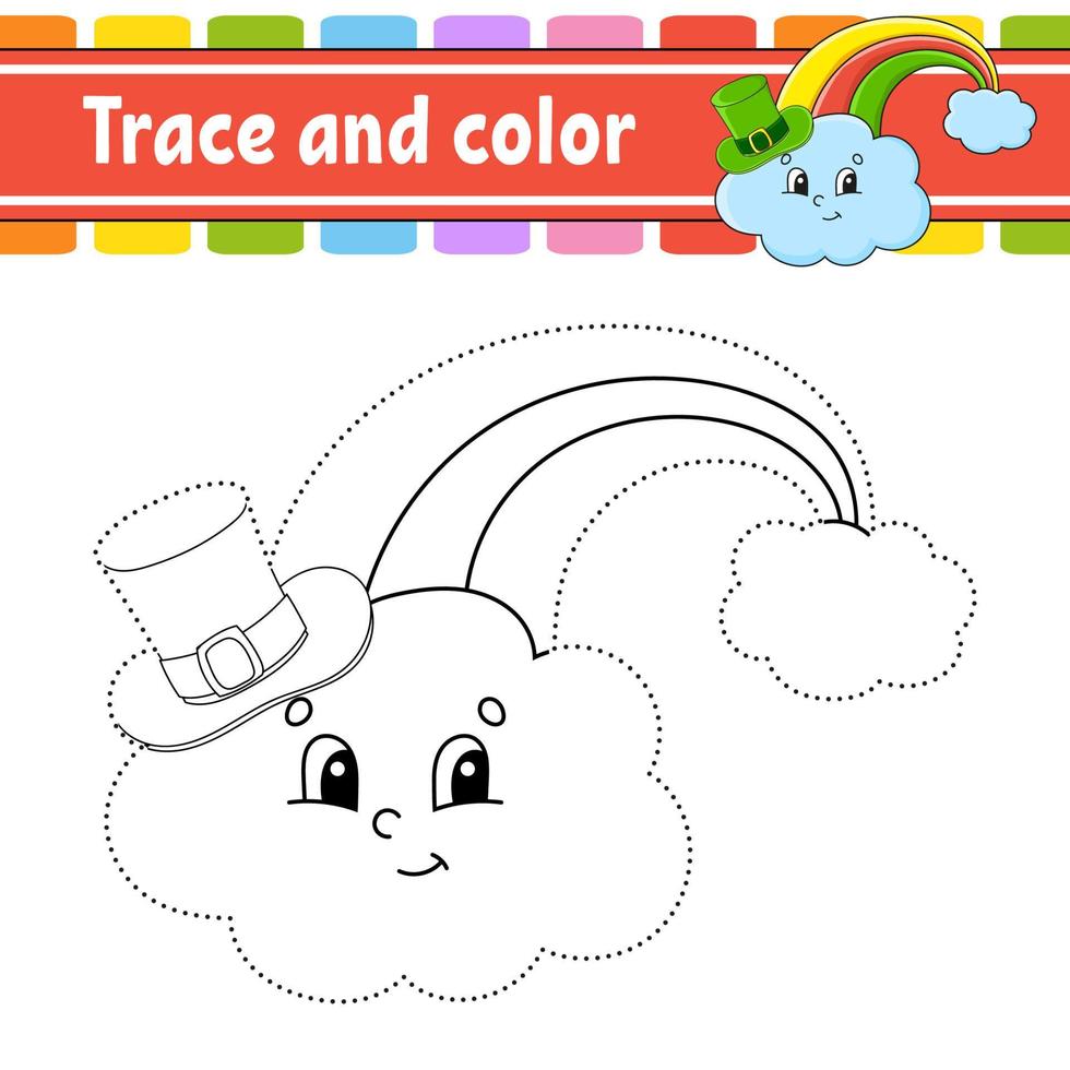 Trace and color. Coloring page for kids. Handwriting practice. St. Patrick's day. Education developing worksheet. Activity page. Game for toddlers. Isolated vector illustration. Cartoon style.