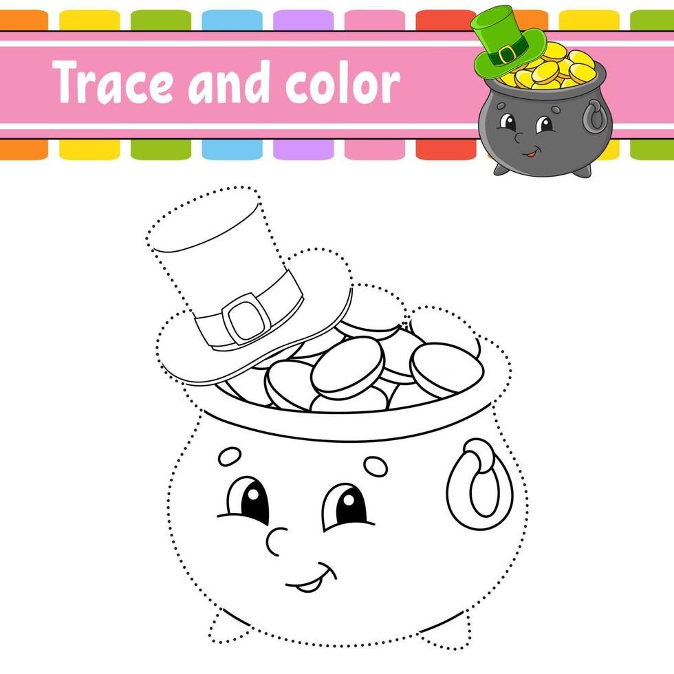 Trace and color. Coloring page for kids. Handwriting practice. St. Patrick's day. Education developing worksheet. Activity page. Game for toddlers. Isolated vector illustration. Cartoon style.