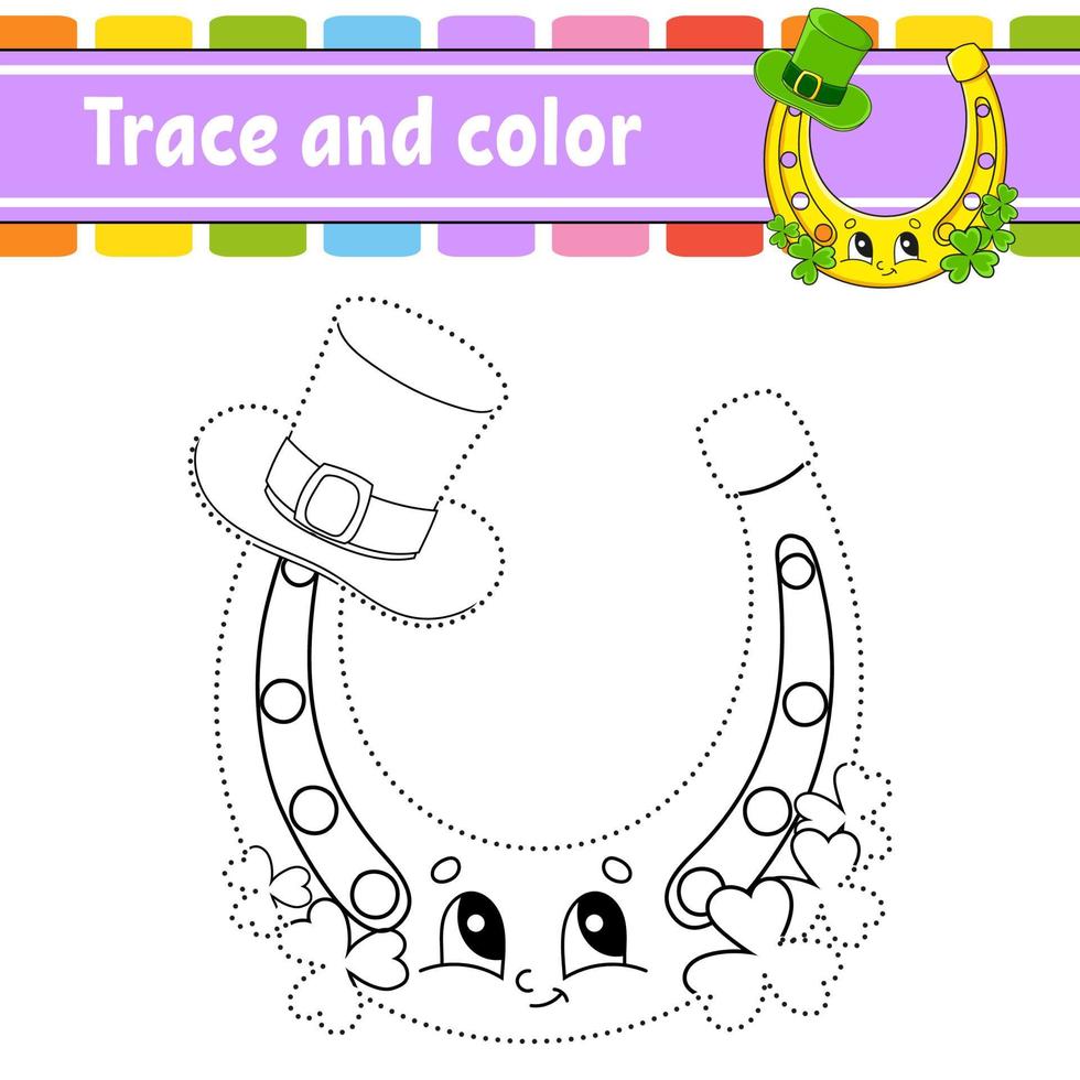 Trace and color. Coloring page for kids. Handwriting practice. St. Patrick's day. Education developing worksheet. Activity page. Game for toddlers. Isolated vector illustration. Cartoon style.