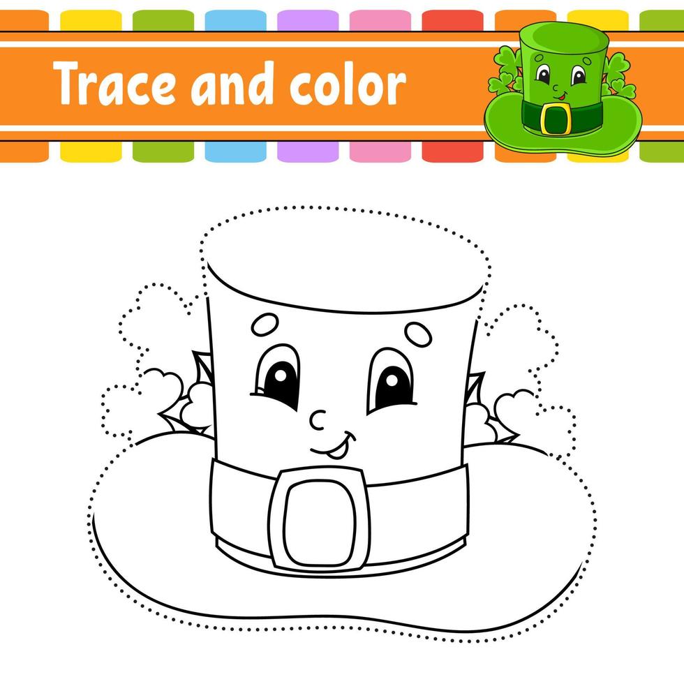 Trace and color. Coloring page for kids. Handwriting practice. St. Patrick's day. Education developing worksheet. Activity page. Game for toddlers. Isolated vector illustration. Cartoon style.