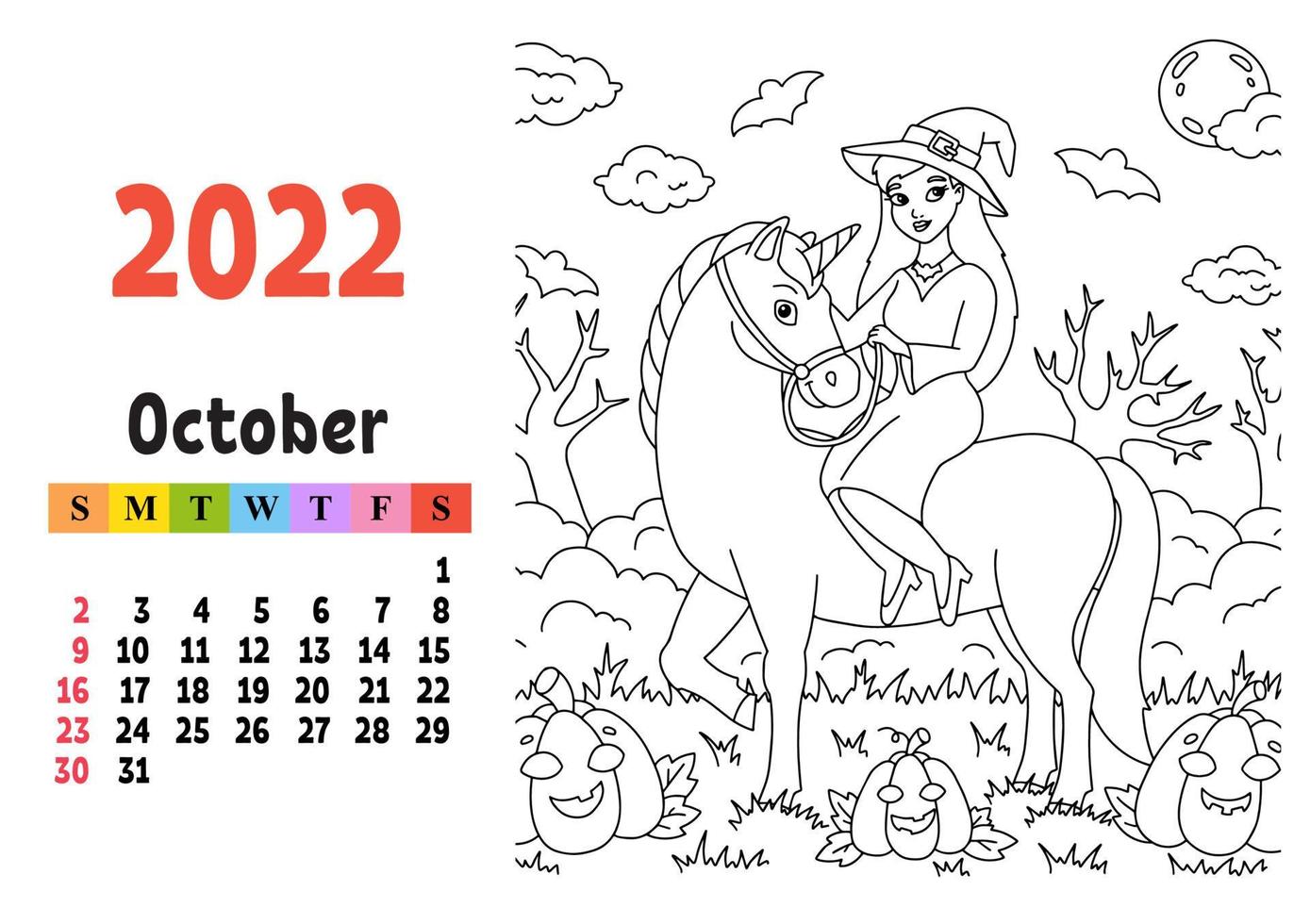 Calendar for 2022 with a cute character. Fairy unicorn. Coloring page. Fun and bright design. Isolated color vector illustration. cartoon style.