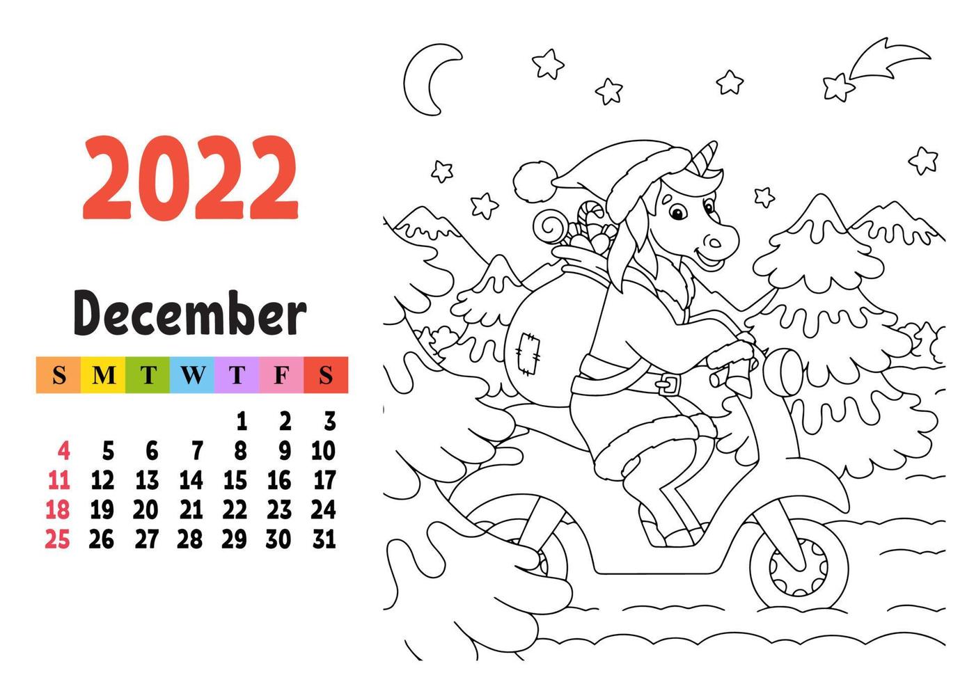 Calendar for 2022 with a cute character. Fairy unicorn. Coloring page. Fun and bright design. Isolated color vector illustration. cartoon style.